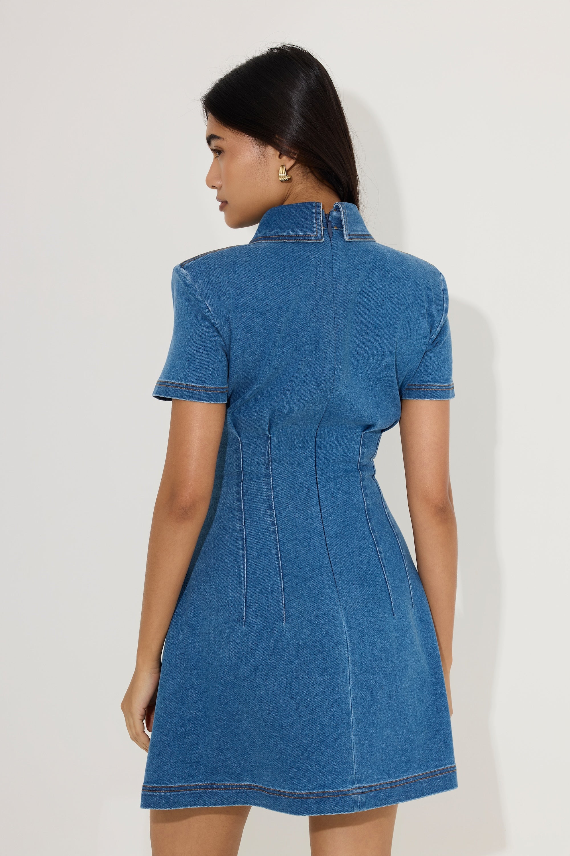Cotton Mix Denim Collared Mini Dress
